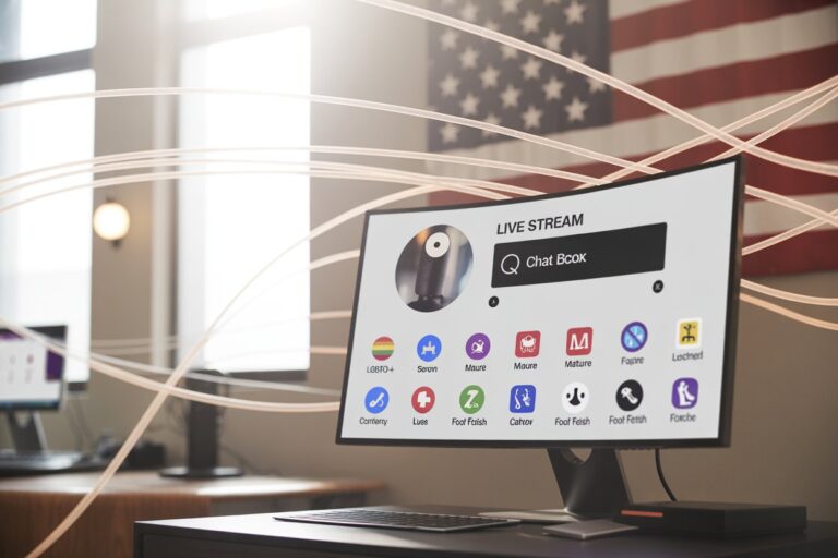 Futuristic streaming dashboard with webcam interface and category icons representing U.S.-based digital cam platform diversity.