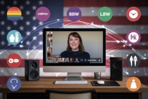 Chaturbate Diverse webcam performers live streaming from home studios across the United States with colorful lighting and digital chat overlays.