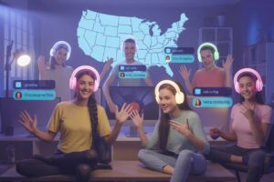 chaturbate Futuristic streaming dashboard with webcam interface and category icons representing U.S.-based digital cam platform diversity.